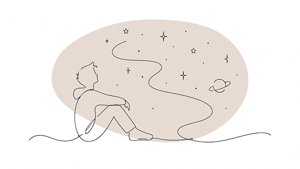 Grafik Junge sitzt unter Sternenhimmel